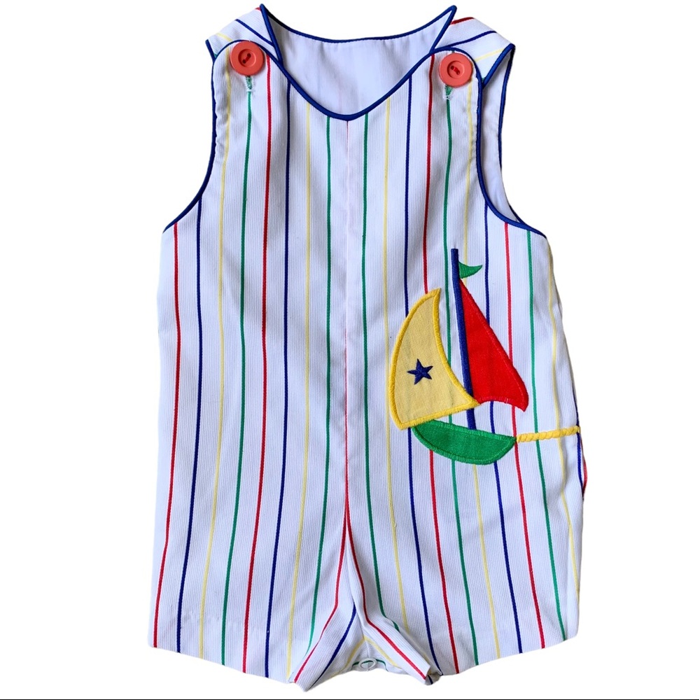 Toddle Tyke Vintage Sleeveless Multicolor Stripes Sailboat Anchor Infant Romper